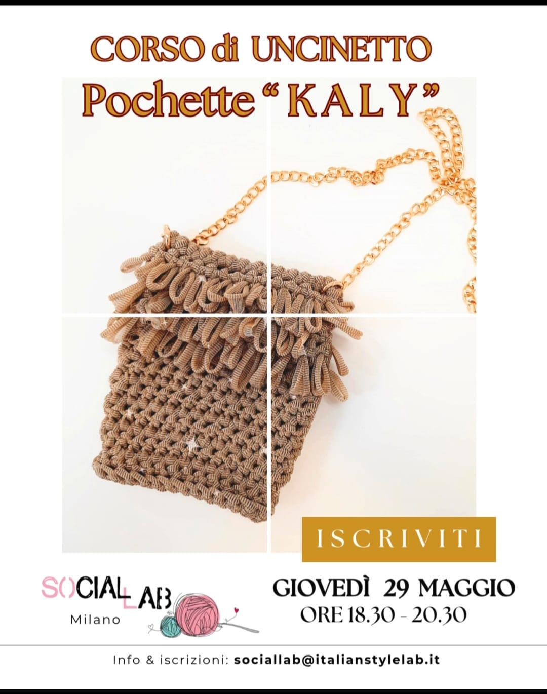 CORSO di UNCINETTO per realizzare una POCHETTE in lurex elegante il 29 MAGGIO, nel cuore del Giambellino